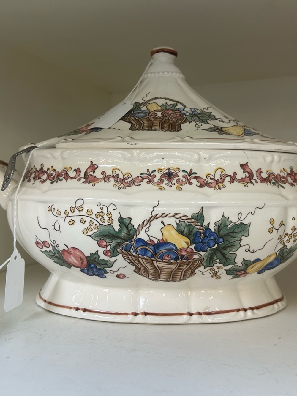 Vintage Fruit Basket Ceramic Tureen - White with Multicolor Fruit Design